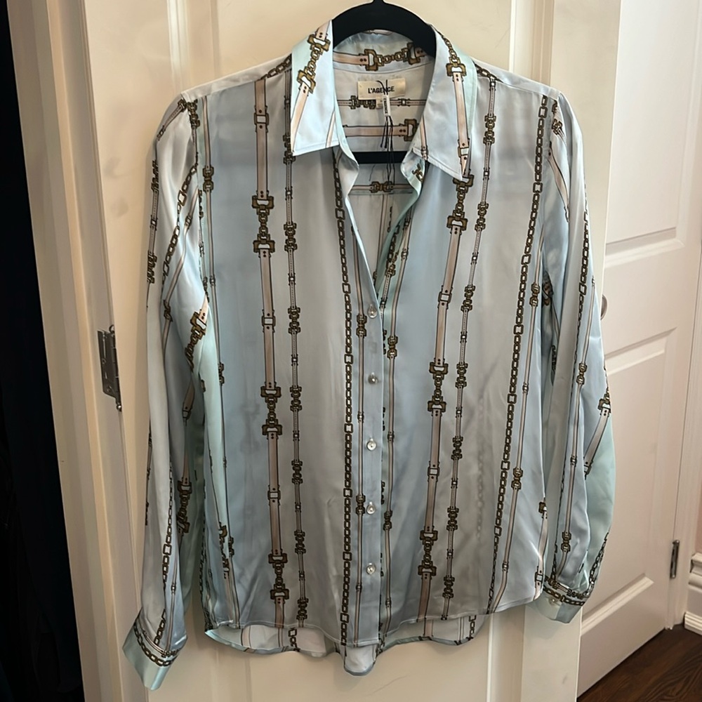 L'AGENCE Light Blue Chain Print Silk Blouse